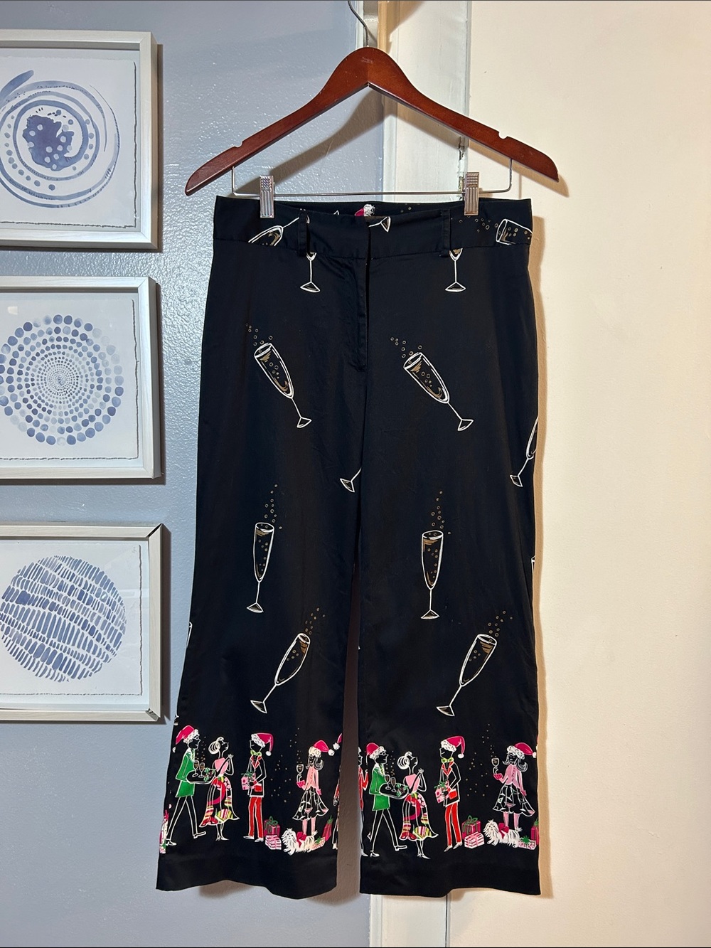 Randi M. Womens Black Champagne Christmas Party Print Wide-Leg Crop Pants Size 8